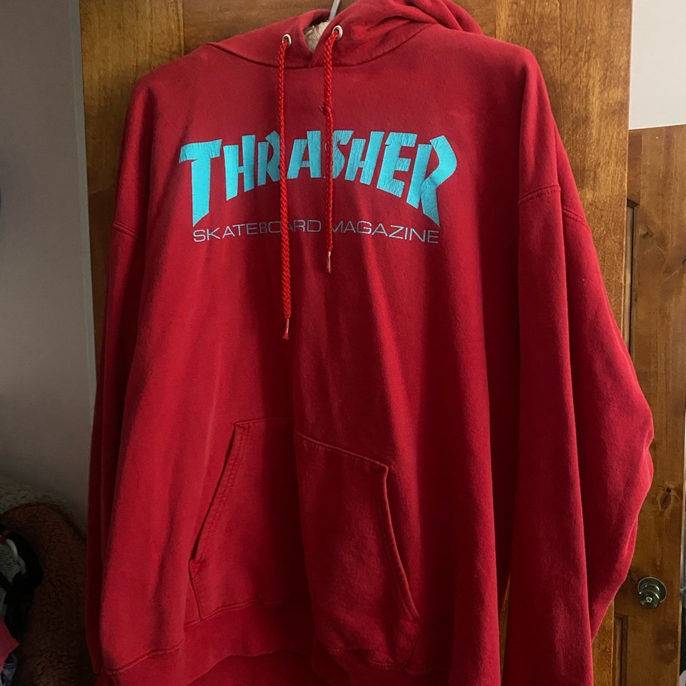 Thrasher Red Hoodie with Blue Logo